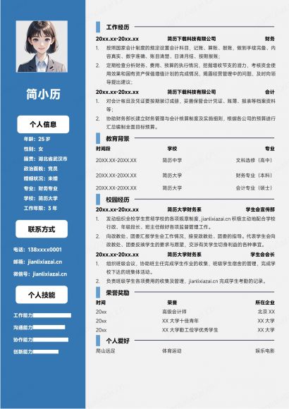 浅蓝清新财务管理财务会计简历