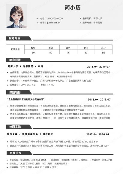 白底简约电子商务电子金融考研简历
