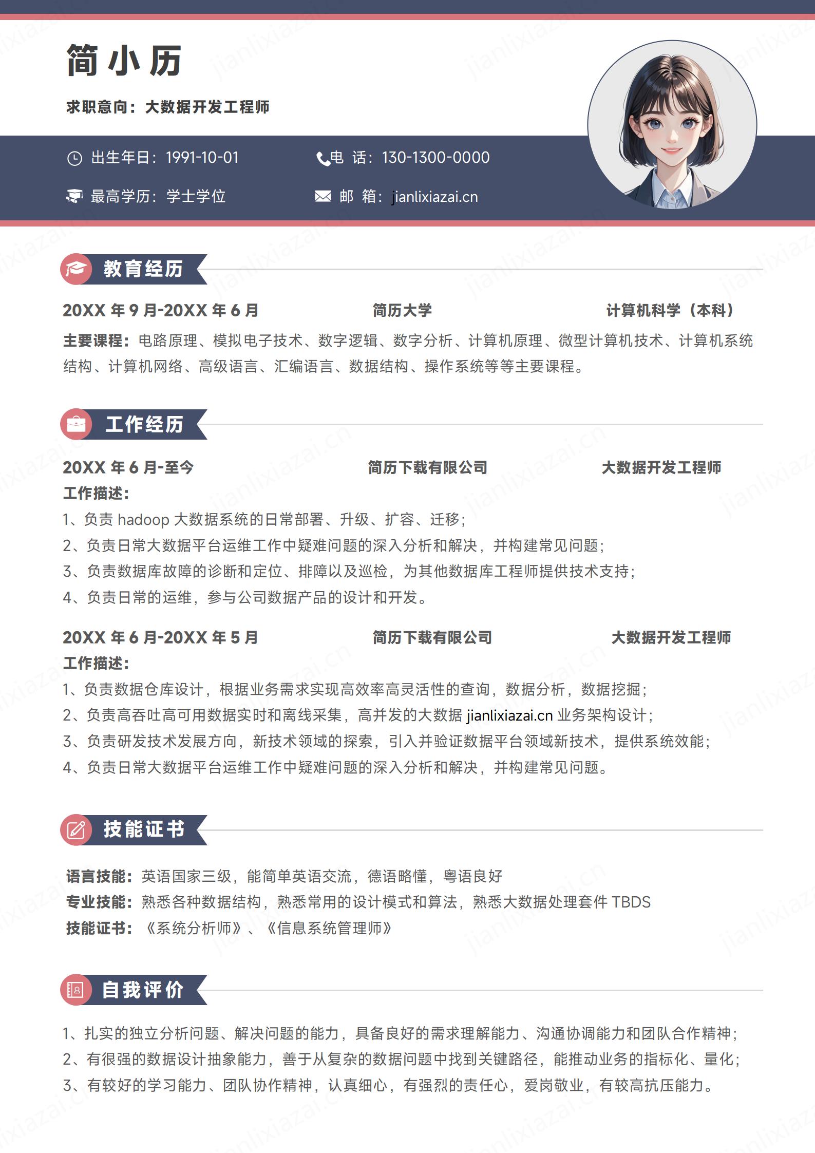 极简线条大数据工程师大数据开发员程序员简历模板