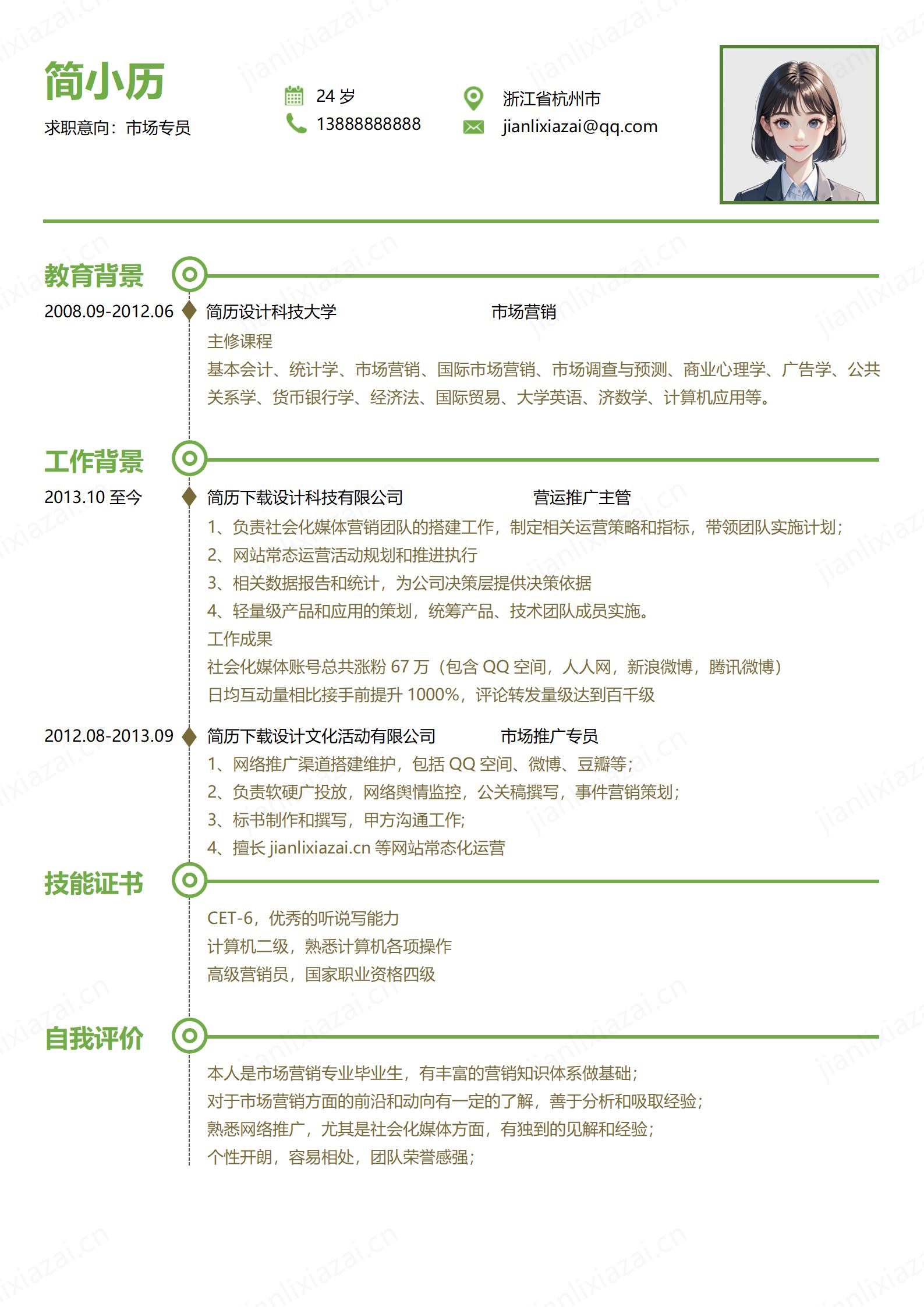 绿色简约市场专员市场营销市场销售简历模板